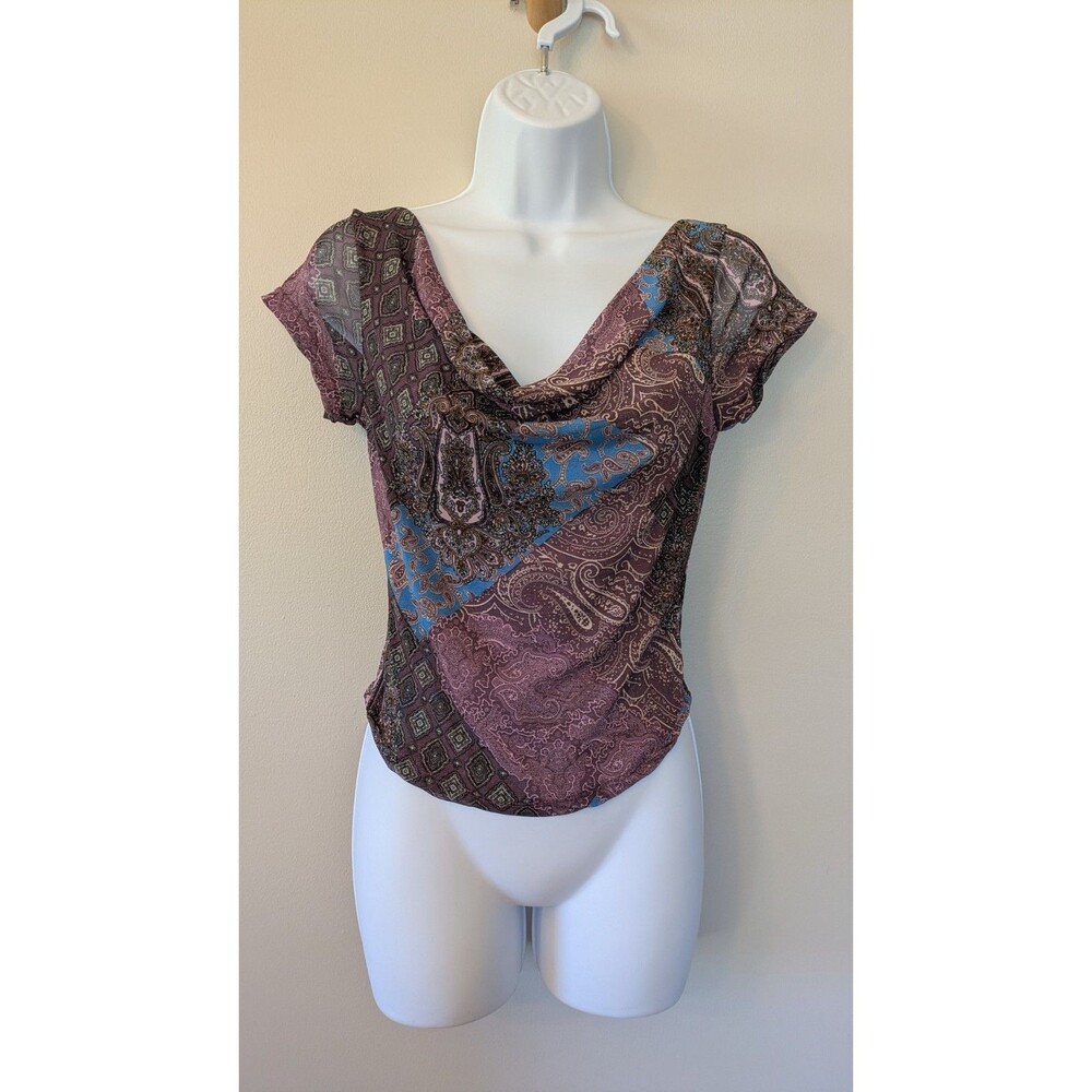 Womens Mesh Top M Y2K Fairy Grunge Cowl Neck Sheer Cropped Festival Paisley